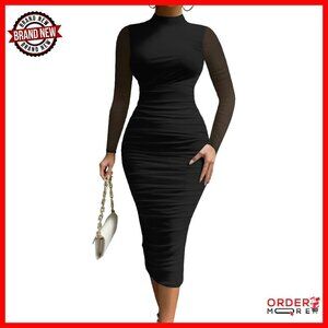 Sexy Bodycon Midi Dress Mesh High Neck Ruched Long Sleeve Party